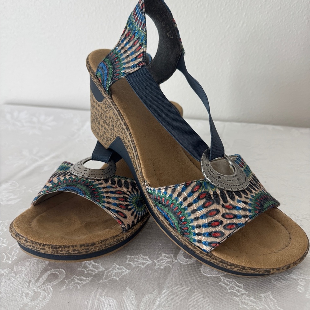 Rieker Peacock Open Toe Slingback Wedge Sandal Shoes Women's 42/ US 10